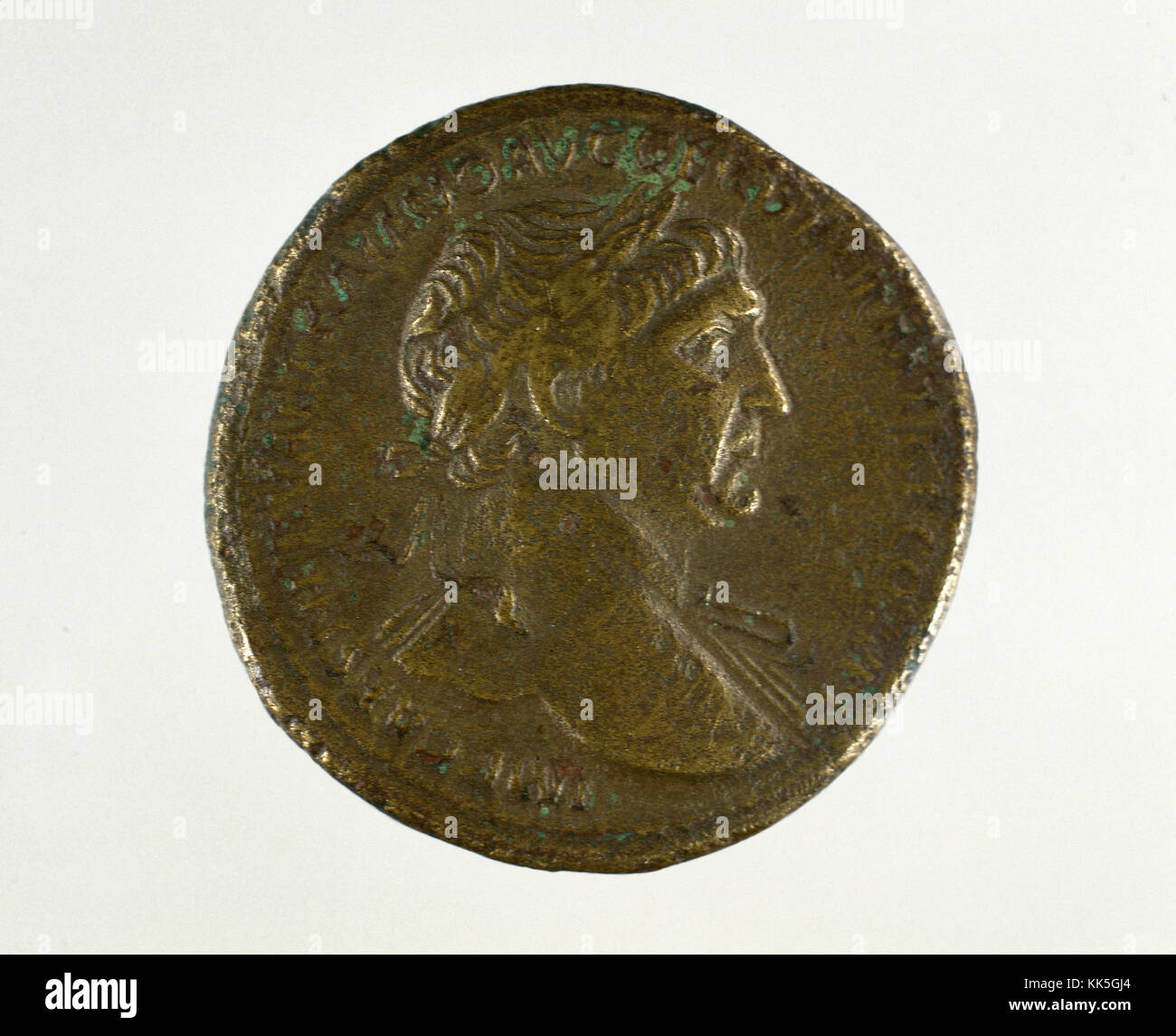 Sestertius. Bronze roman coin. Effigy of the Trajan emperor (53-117 AD). c. 98-139 AD. Adverse. Spain. National Museum of Roman Art. Merida, Spain. Stock Photo
