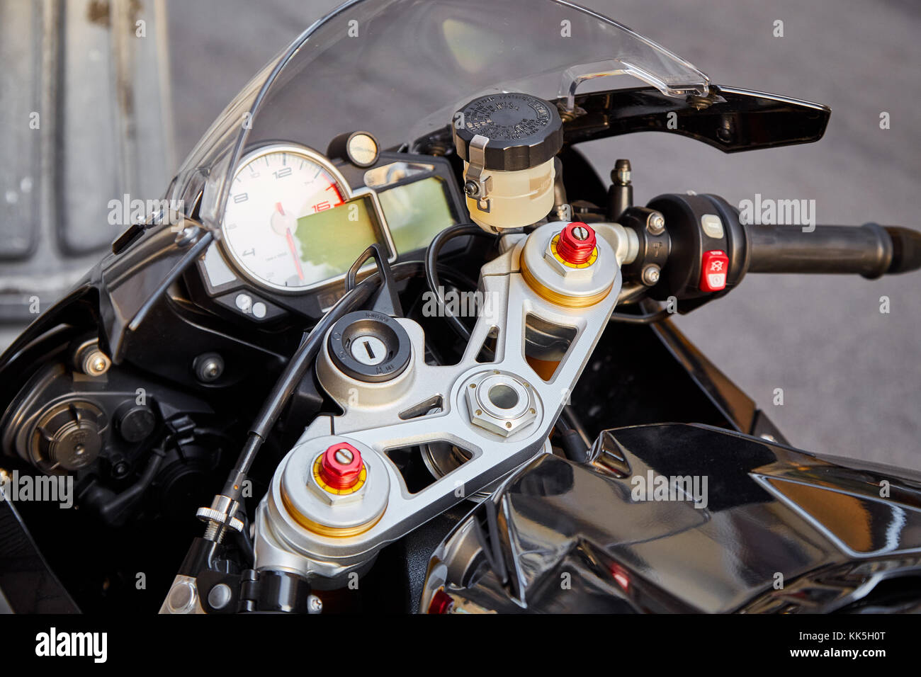 Steering wheel and dashboard of a modern sports motorcycle Stock Photo