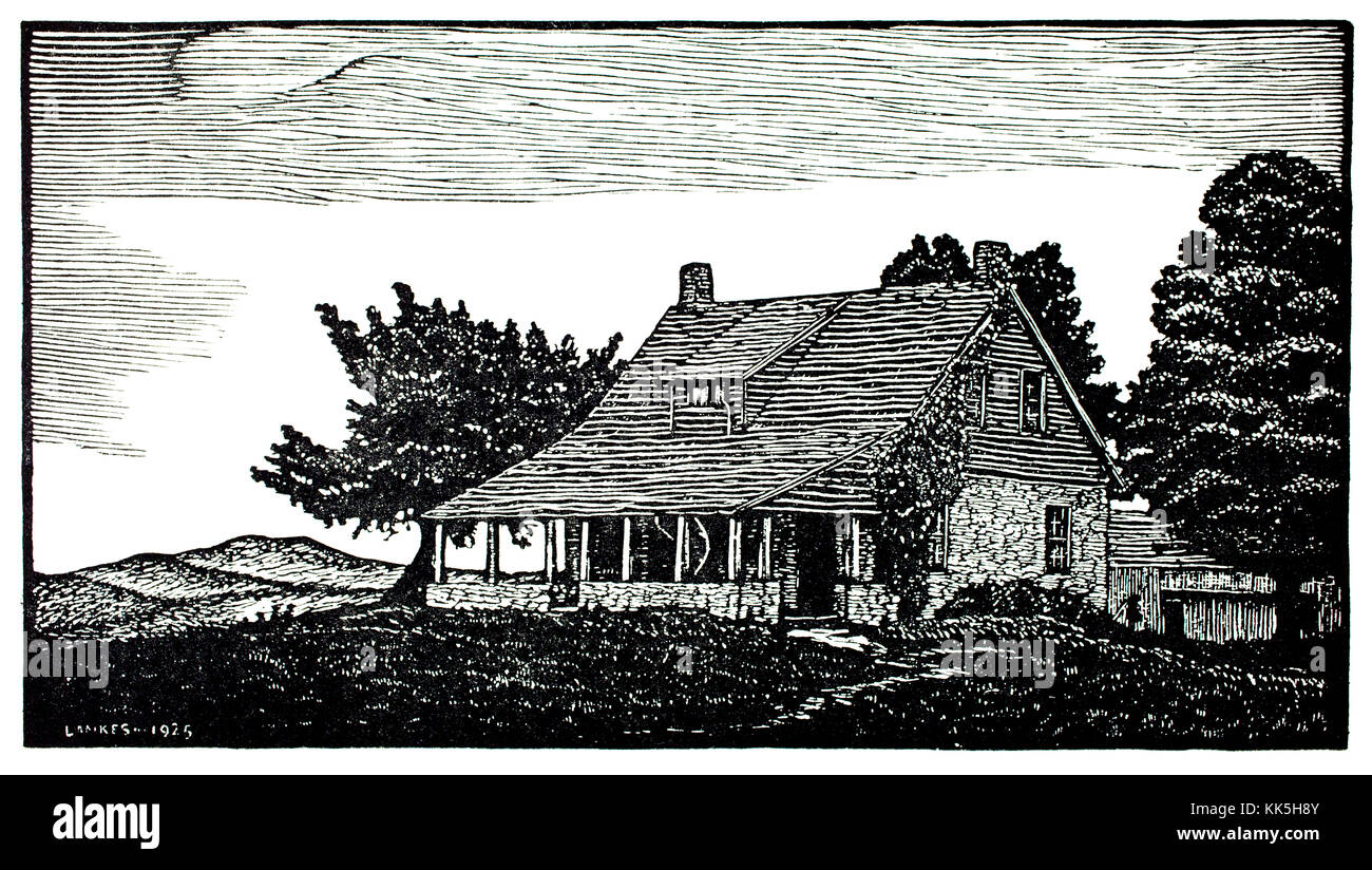Vermont Farmhouse, Robert Frost’s House, 1920s woodcut illustration by American artist Julius John Lankes Stock Photo
