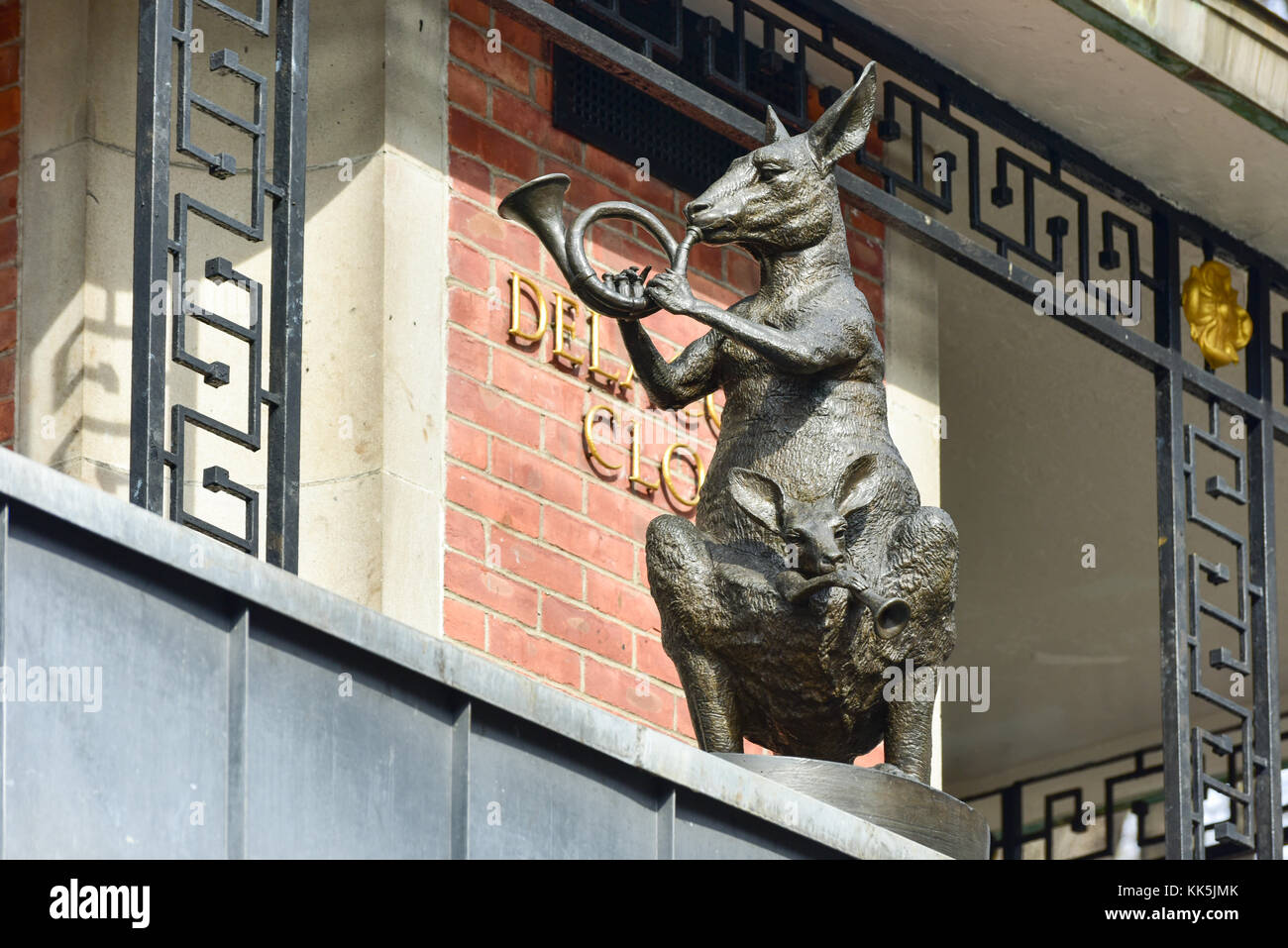 Delacorte Music Clock by the Central Park Zoo in Manhattan. It is a three-tiered mechanical clock which plays music as the animals spin around. Stock Photo