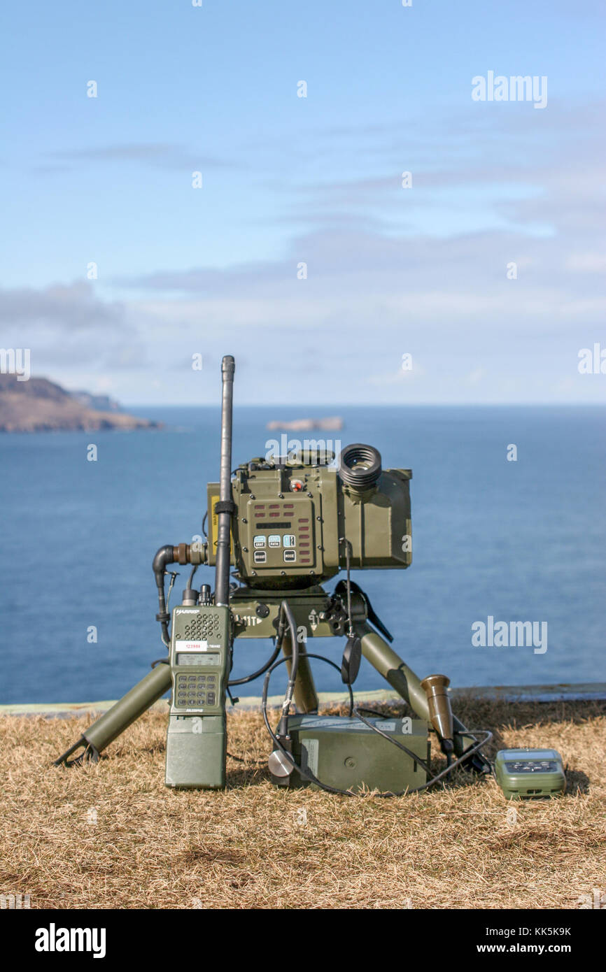 A THALES LF28A laser target designator, a Harris PRC-152 ground to air radio and a Defence Advanced GPS Receiver(DAGR). Stock Photo