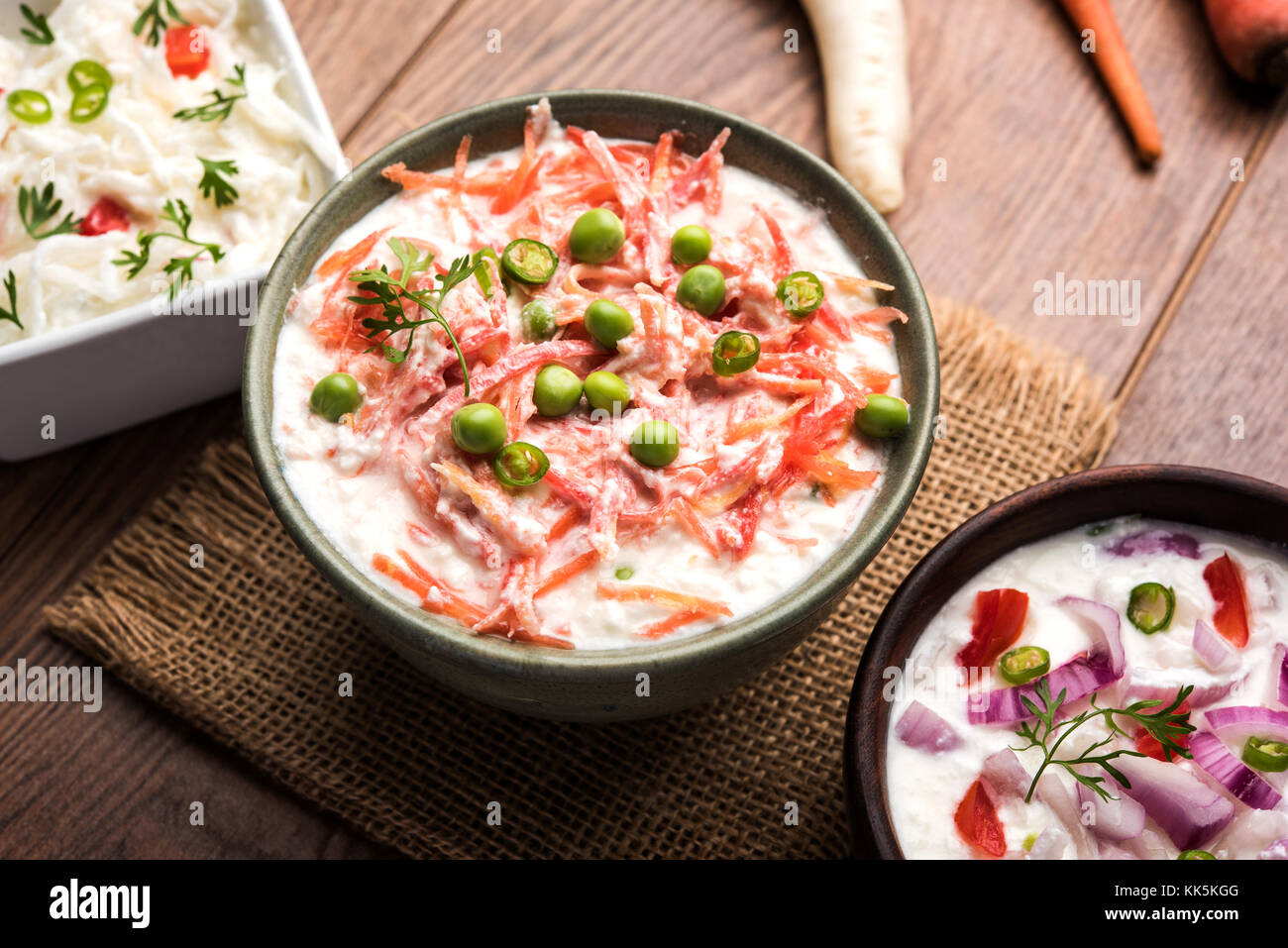 Onion, Carrot, radish raita also known as Koshimbir. It a condiment ...