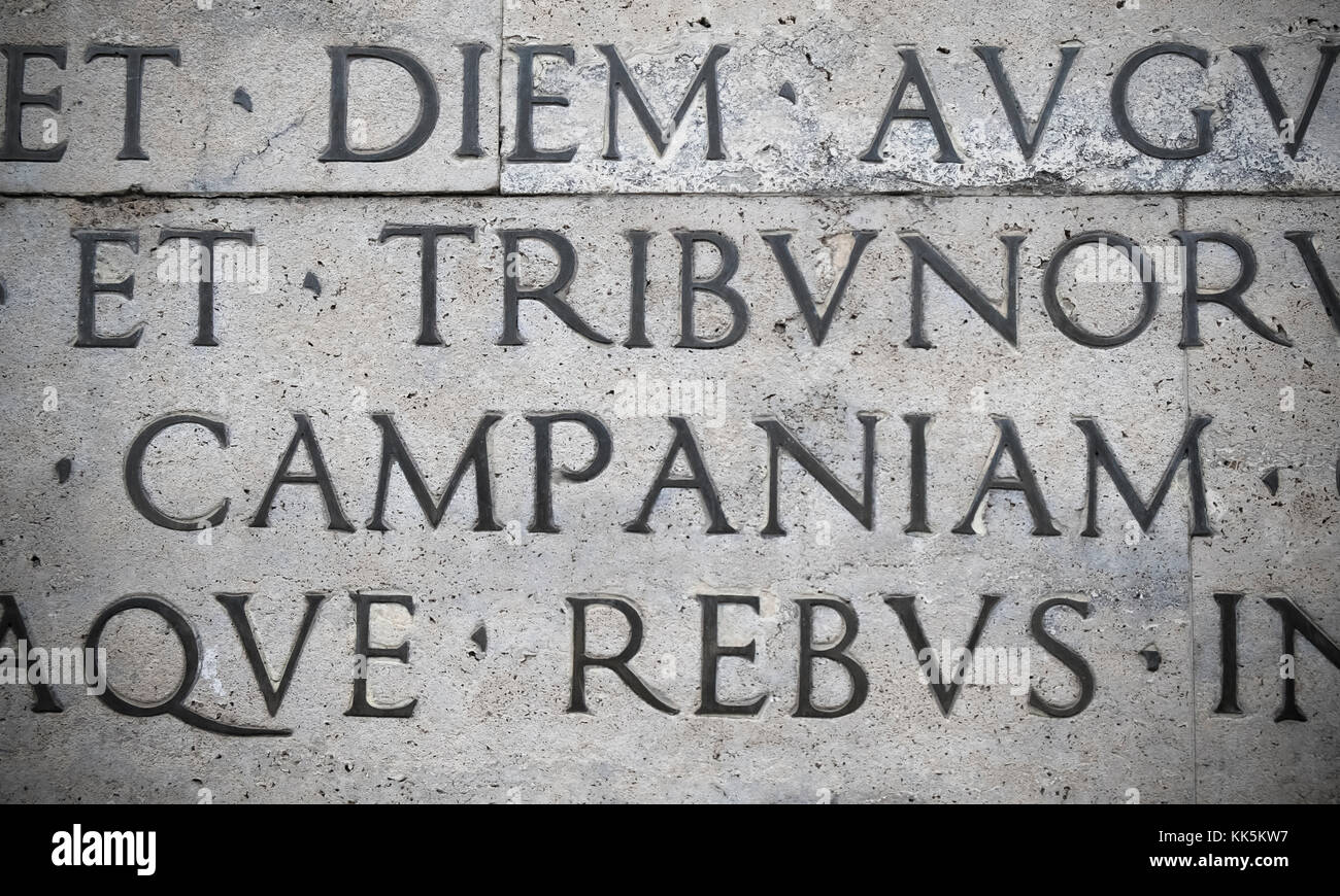 Latin inscription on the outside wall of the peace altar in Rome. Ara