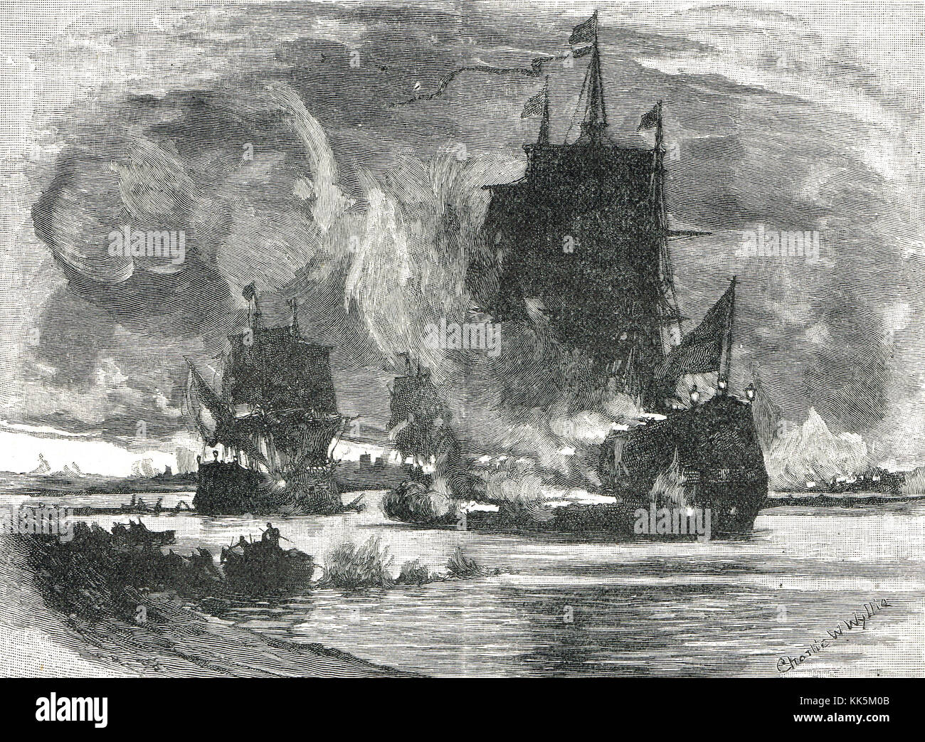 The merchant ships Mountjoy and The Phoenix breaking the boom at Londonderry, 28 July,1689.  Ending the Siege of Derry. Stock Photo