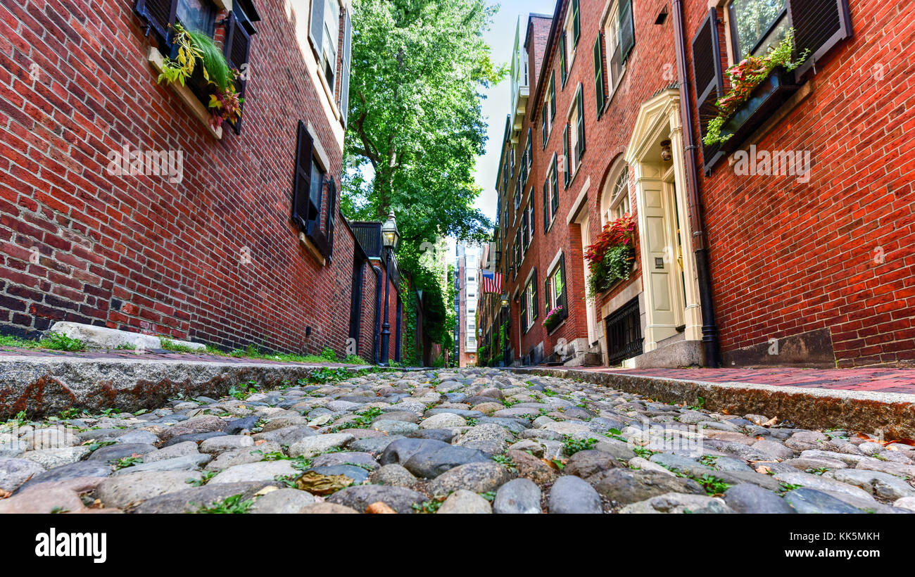 Acorn Street in Boston, Massachusetts. It is a narrow lane paved with