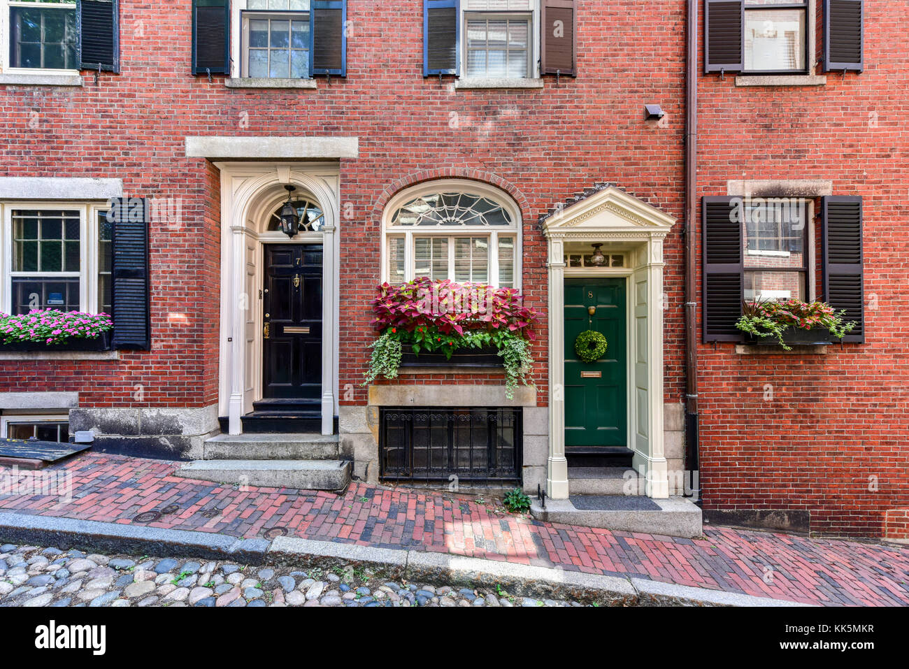 Acorn Street in Boston, Massachusetts. It is a narrow lane paved with