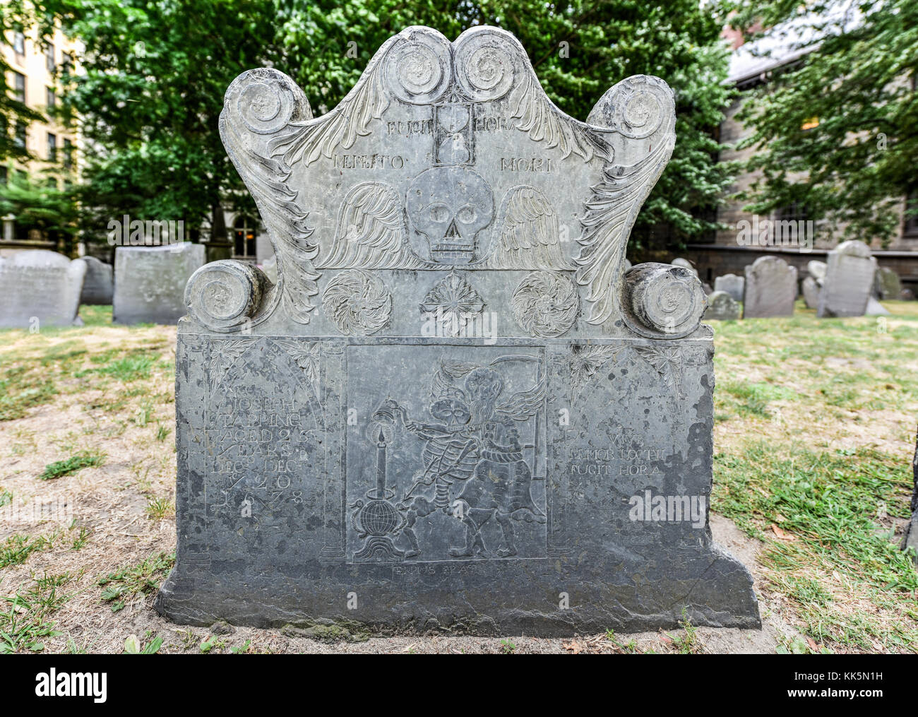 Detail of an old headstone in the King's Chapel Burial Ground in Boston, Massachusetts. Stock Photo