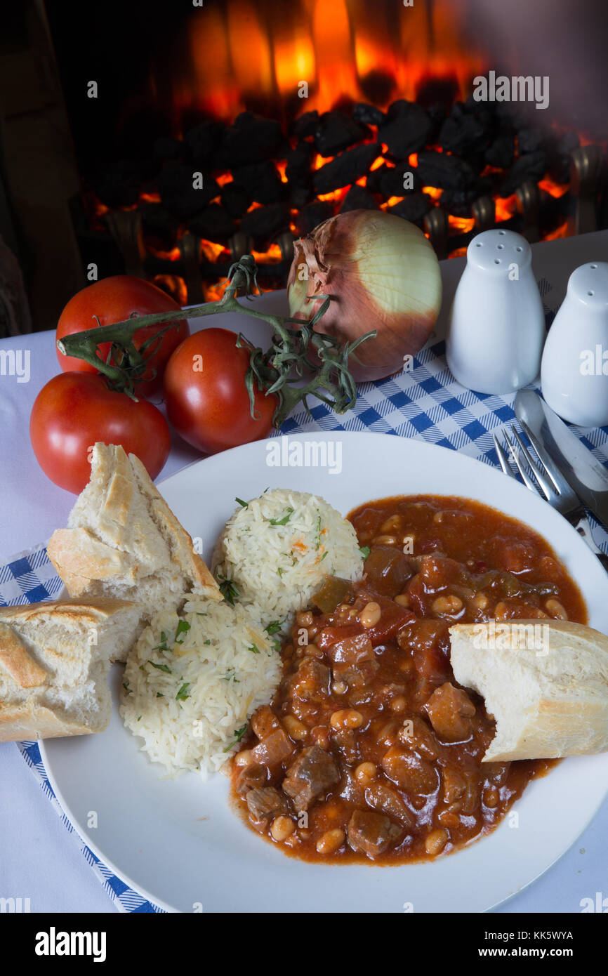 A plate of traditional Turkish White Bean Stew, Etli kuru fasulye, with