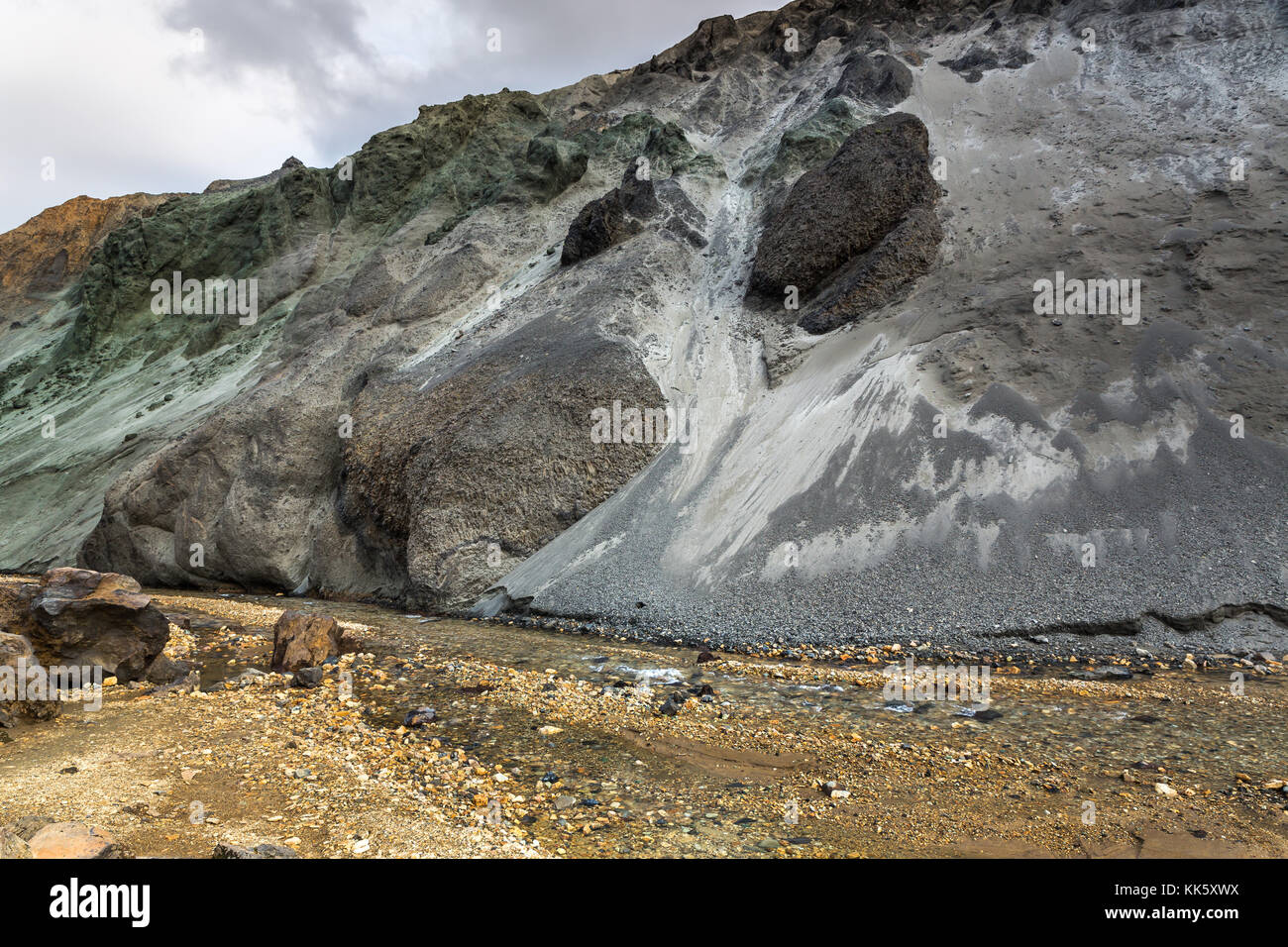 Landmannalaugar  is a place in the Fjallabak Nature Reserve in the Highlands of Iceland. It is at the edge of Laugahraun lava field, which was formed  Stock Photo