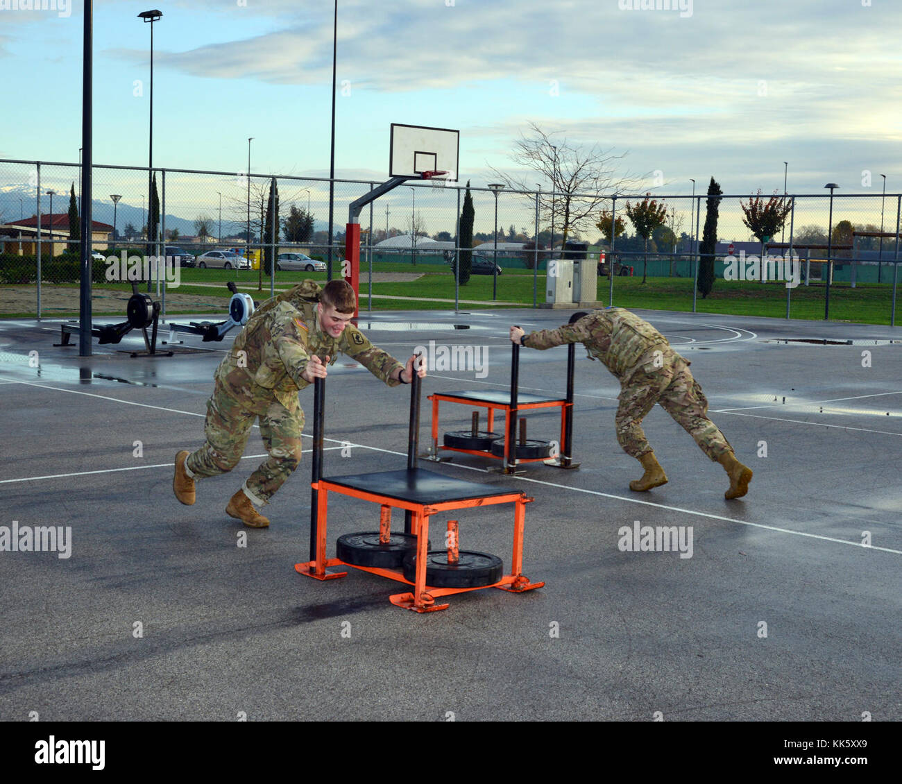 U.S. Army Paratroopers assigned to 2nd Battalion, 503rd Infantry Regiment, 173rd Airborne Brigade, compete a sled push row during a Rockvember Event for Brostrom Challenge, at Caserma Del Din, Vicenza, Italy, Nov. 8, 2017.   The 173rd Airborne Brigade is the U.S. Army Contingency Response Force in Europe, capable of projecting ready forces anywhere in the U.S. European, Africa or Central Commands areas of responsibility within 18 hours.   (U.S. Army photo by Massimo Bovo) Stock Photo