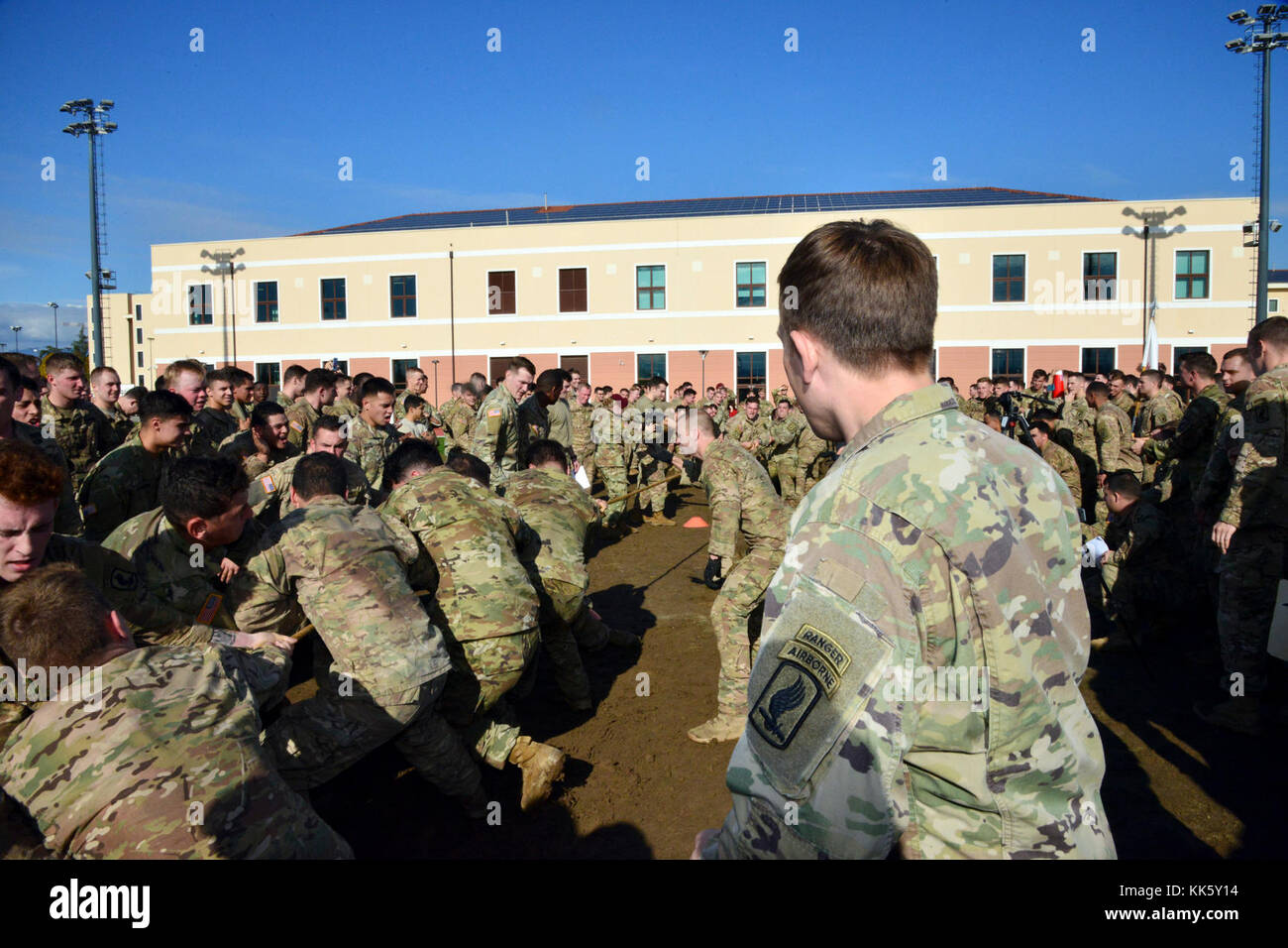 U.S. Army Paratroopers assigned to 2nd Battalion, 503rd Infantry Regiment, 173rd Airborne Brigade, compete compete in the tug-of-war during a Rockvember Event for Brostrom Challenge, at Caserma Del Din, Vicenza, Italy, Nov. 8, 2017.   The 173rd Airborne Brigade is the U.S. Army Contingency Response Force in Europe, capable of projecting ready forces anywhere in the U.S. European, Africa or Central Commands areas of responsibility within 18 hours.   (U.S. Army photo by Massimo Bovo) Stock Photo