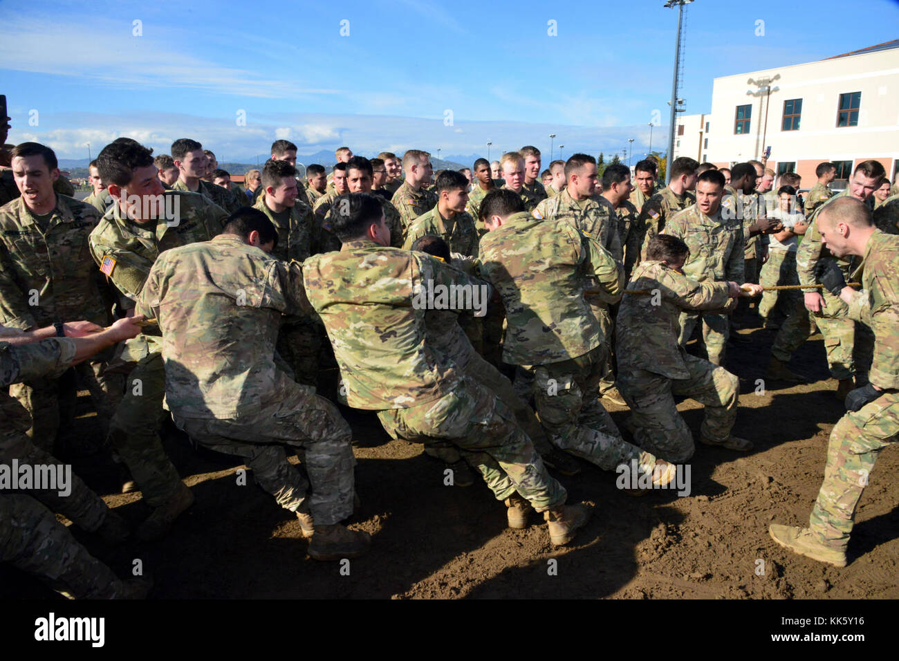 U.S. Army Paratroopers assigned to 2nd Battalion, 503rd Infantry Regiment, 173rd Airborne Brigade, compete compete in the tug-of-war during a Rockvember Event for Brostrom Challenge, at Caserma Del Din, Vicenza, Italy, Nov. 8, 2017.   The 173rd Airborne Brigade is the U.S. Army Contingency Response Force in Europe, capable of projecting ready forces anywhere in the U.S. European, Africa or Central Commands areas of responsibility within 18 hours.   (U.S. Army photo by Massimo Bovo) Stock Photo
