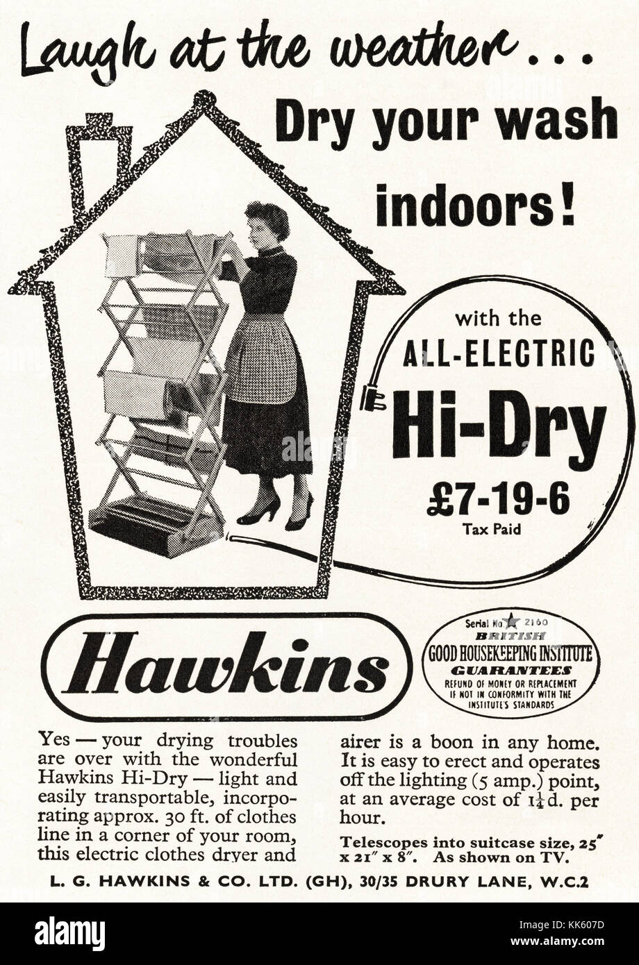 1950s Old Vintage Original Advert British Magazine Print Advertisement Advertising Hawkins Electric Clothes Dryer Dated 1958 Uk Stock Photo Alamy