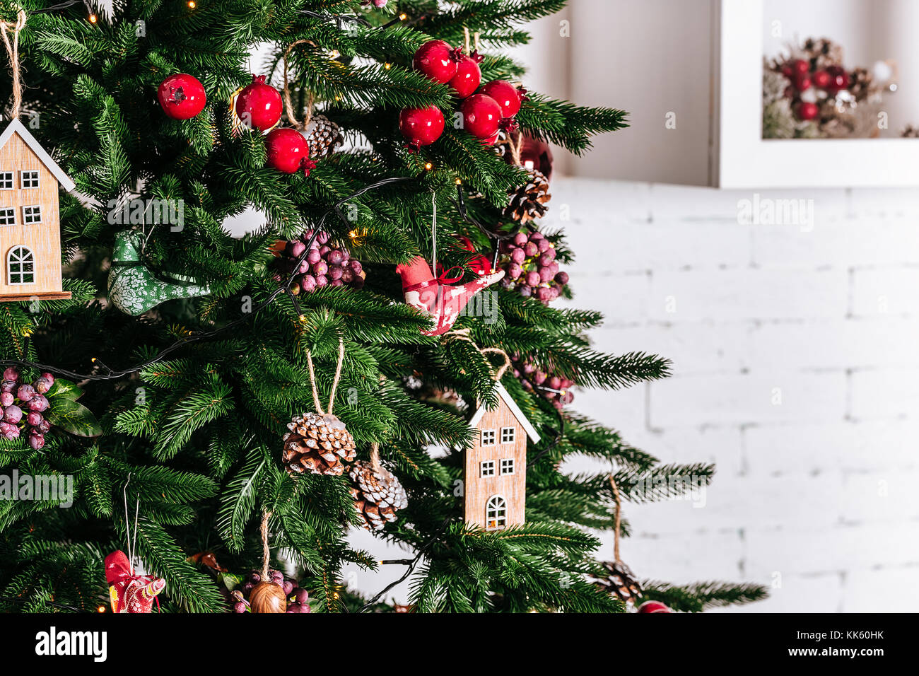 Christmas tree in Christmas living room. Beautiful New Year decorated classic home interior. Winter background Stock Photo