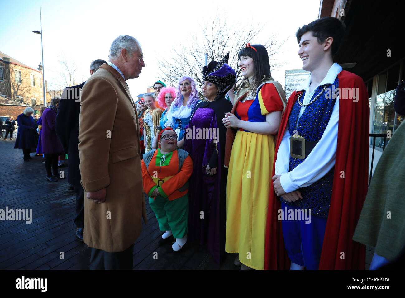 The Prince of Wales meeting pantomime actors at the Potteries Museum in Stoke-on-Trent. Stock Photo