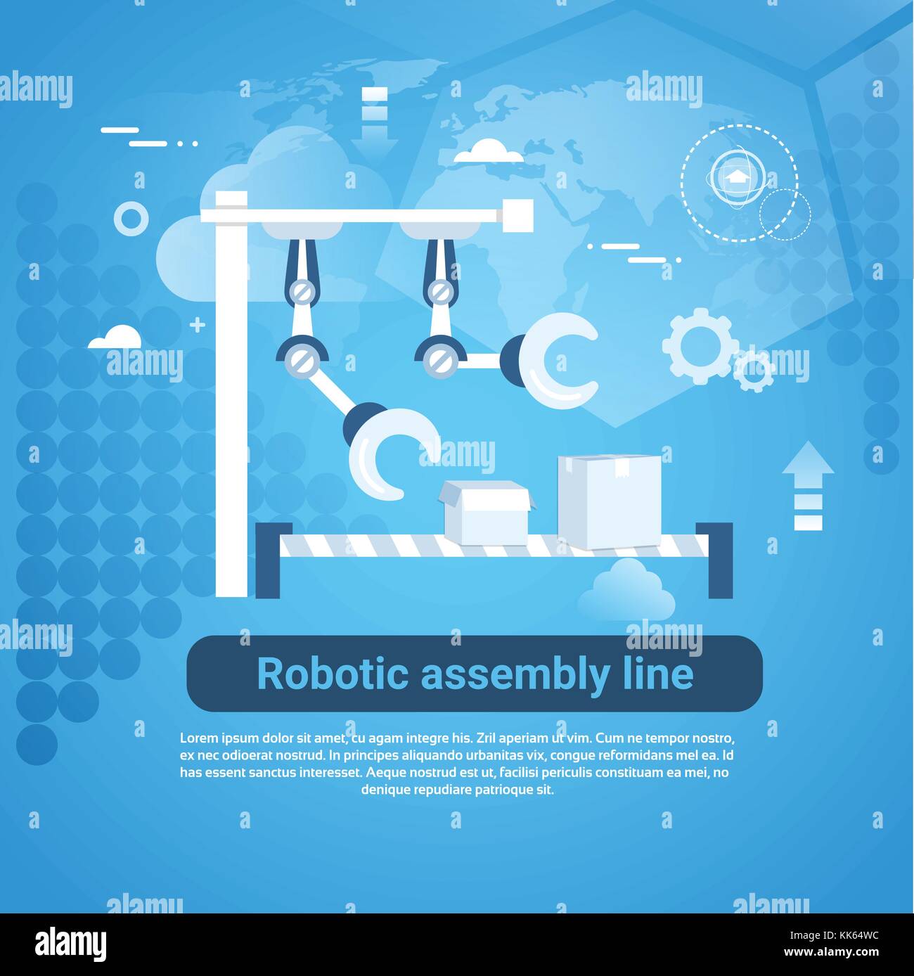 Robotic Assembly Line Web Banner With Copy Space On Blue Background Stock Vector