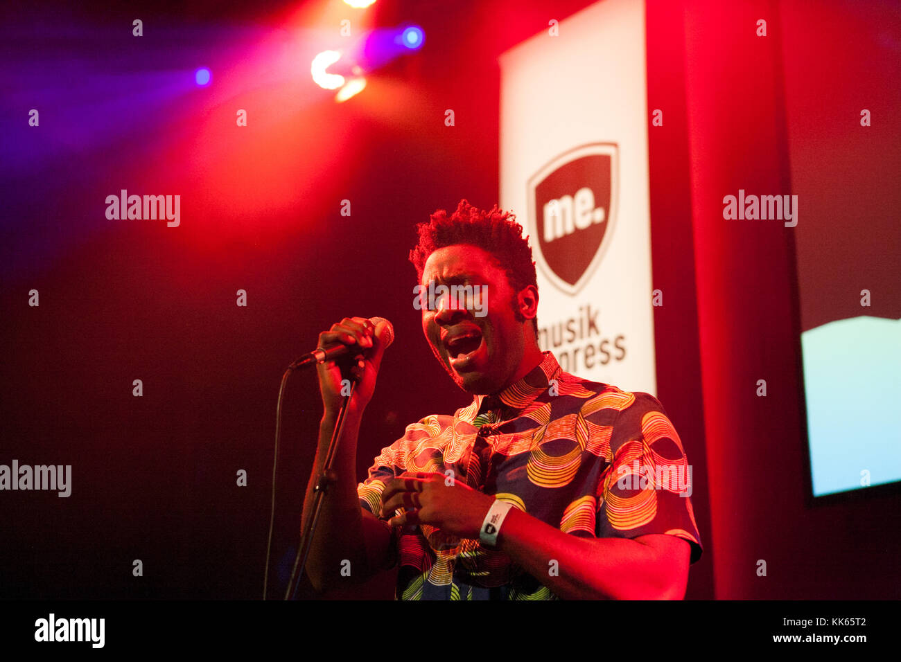 The British musician, singer and songwriter Kelechukwu Rowland Okereke is better known by his stage name Kele and is here pictured live on stage at E-Werk in Berlin. Kele Okereke is also known as the guitarist and singer of the indie rock band Bloc Party. Germany, 15/10 2014. Stock Photo