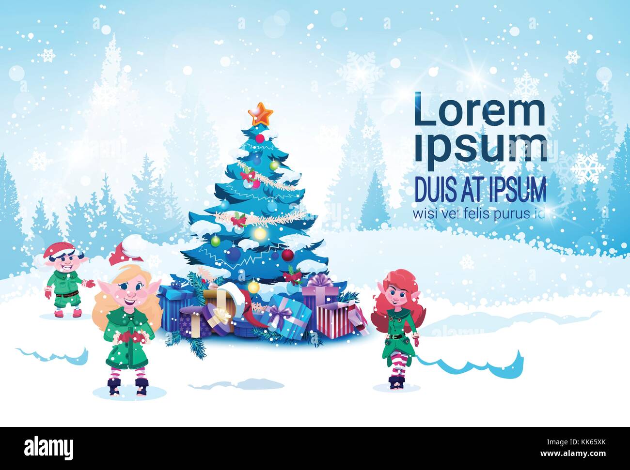 Merry Christmas Background With Green Elfs Over Decorated Pine Tree ...