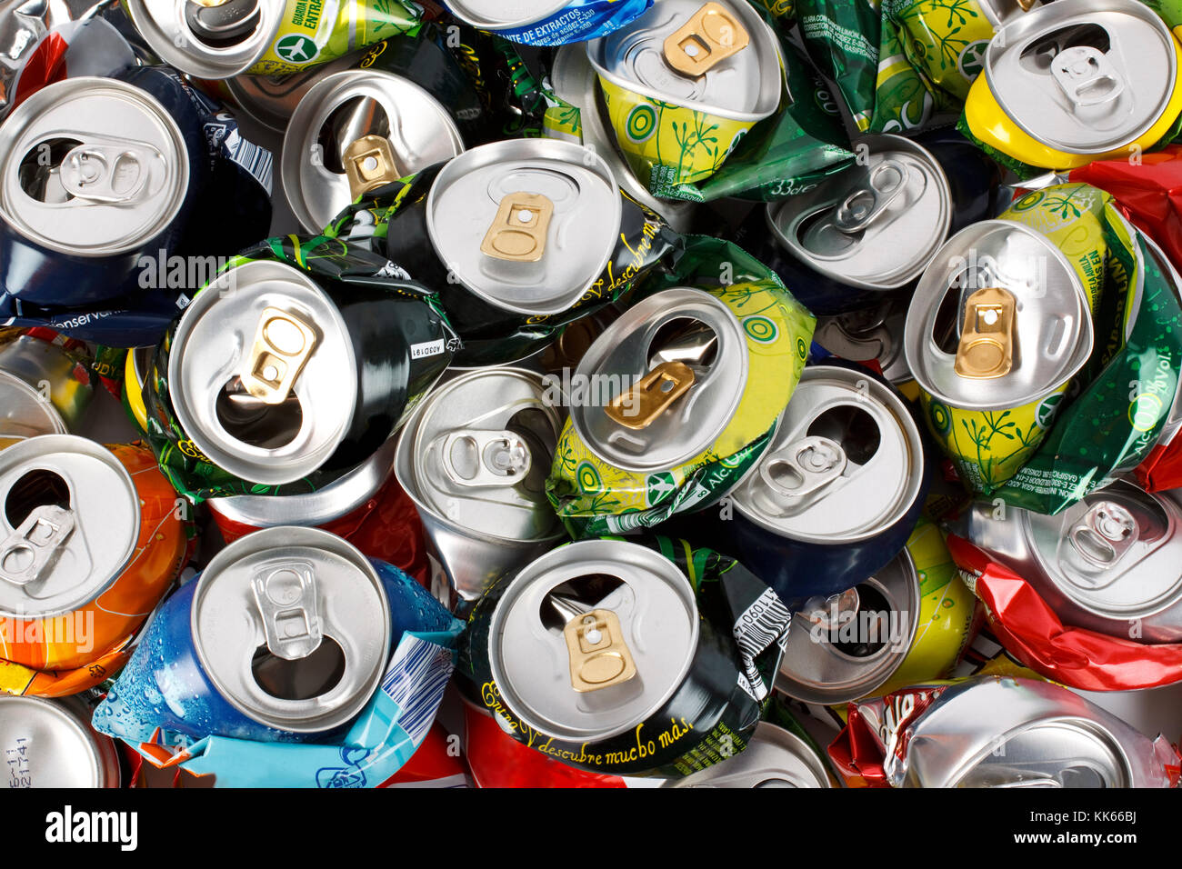 Background of crushed aluminum drinking cans. Environmental conservation. Stock Photo