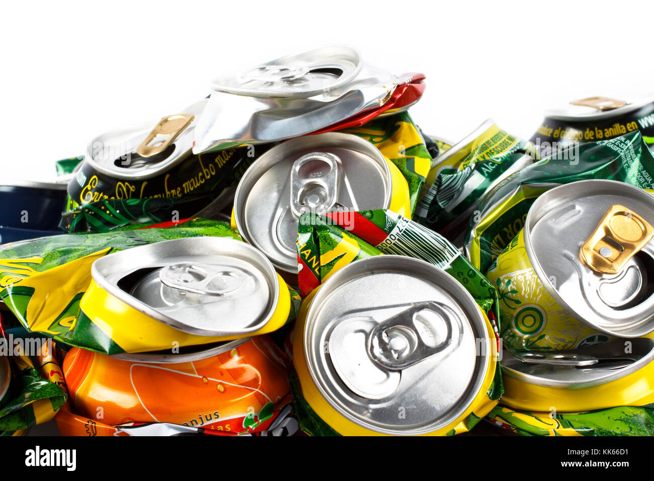 Background of crushed aluminum drinking cans. Environmental conservation. Stock Photo