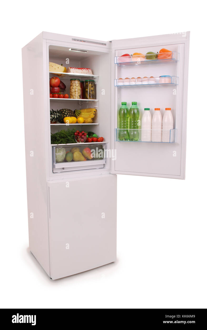 Open refrigerator full with some kinds of food and drinks Stock Photo
