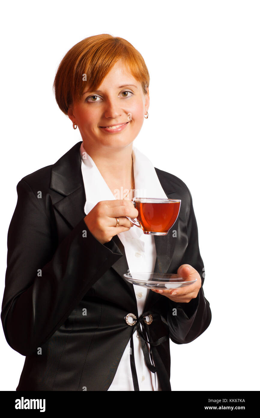 Young business woman having tea break isolated on white Stock Photo Alamy