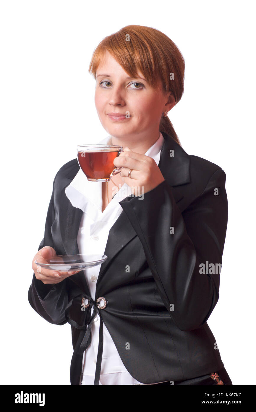 Young business woman having tea break isolated on white Stock Photo Alamy