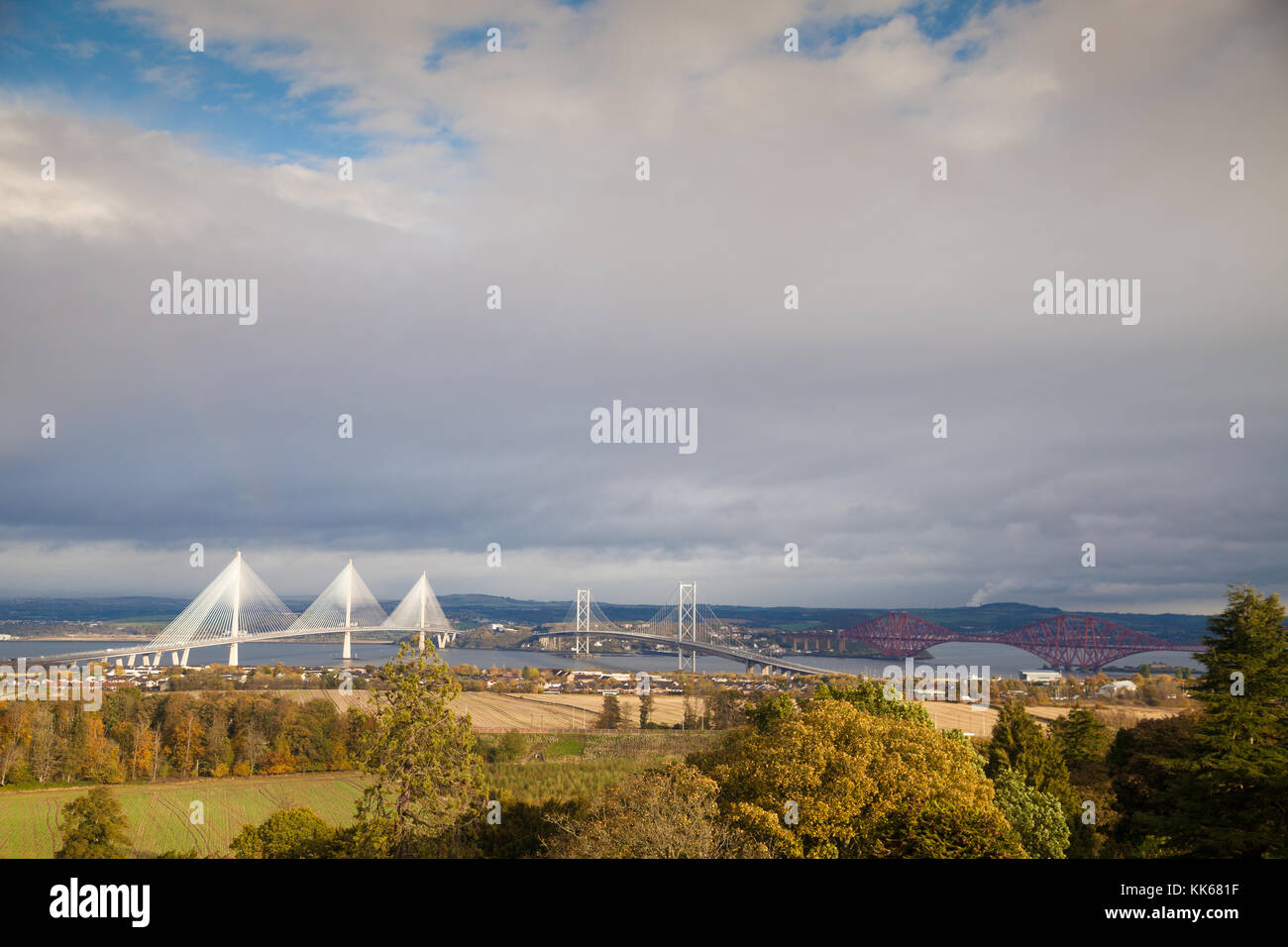 Looking North towards Fife with the three bridges over the Forth. Stock Photo