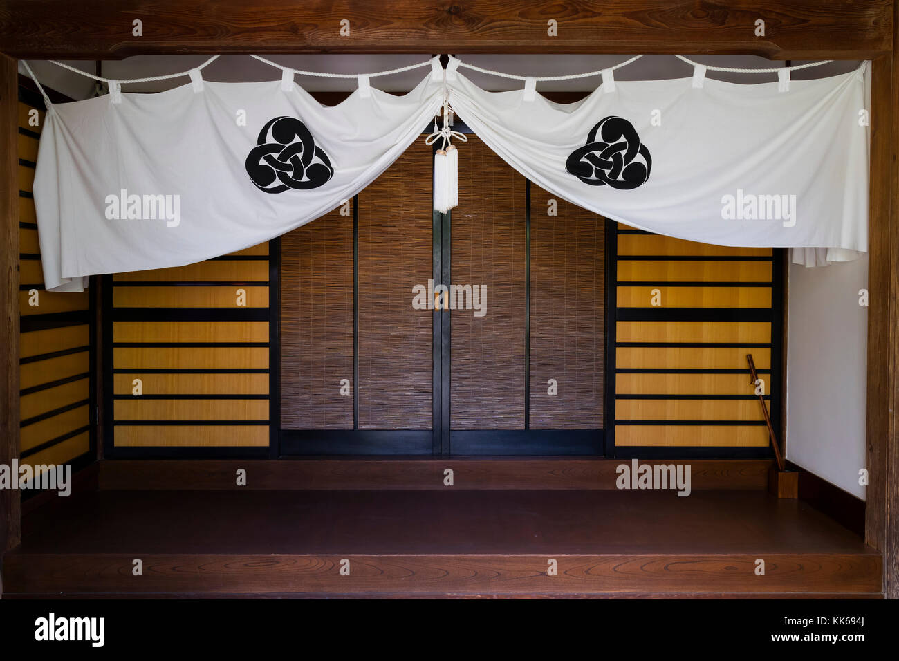 Nagano - Japan, June 5, 2017: White temple curtain with a white knot at the Buddhist Zenkoji temple in Nagano Stock Photo