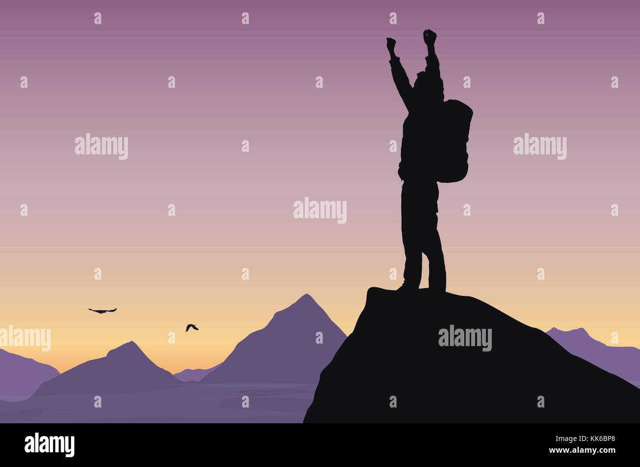 Vector illustration of a mountain landscape with a tourist on top of rock celebrating success with raised hands Stock Vector