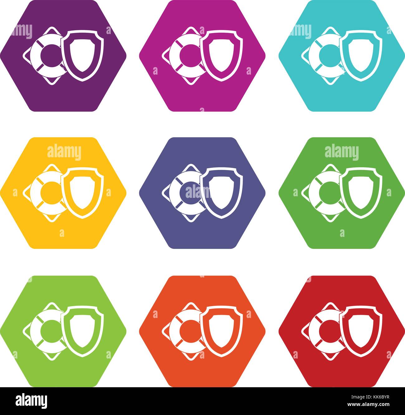 Lifebuoy and safety shield icon set color hexahedron Stock Vector Image ...