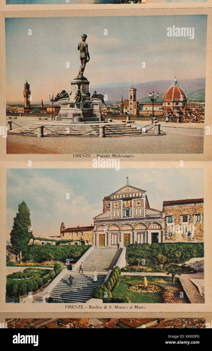 Strip of old postcards from Florence, Italy with panorama of Piazzale