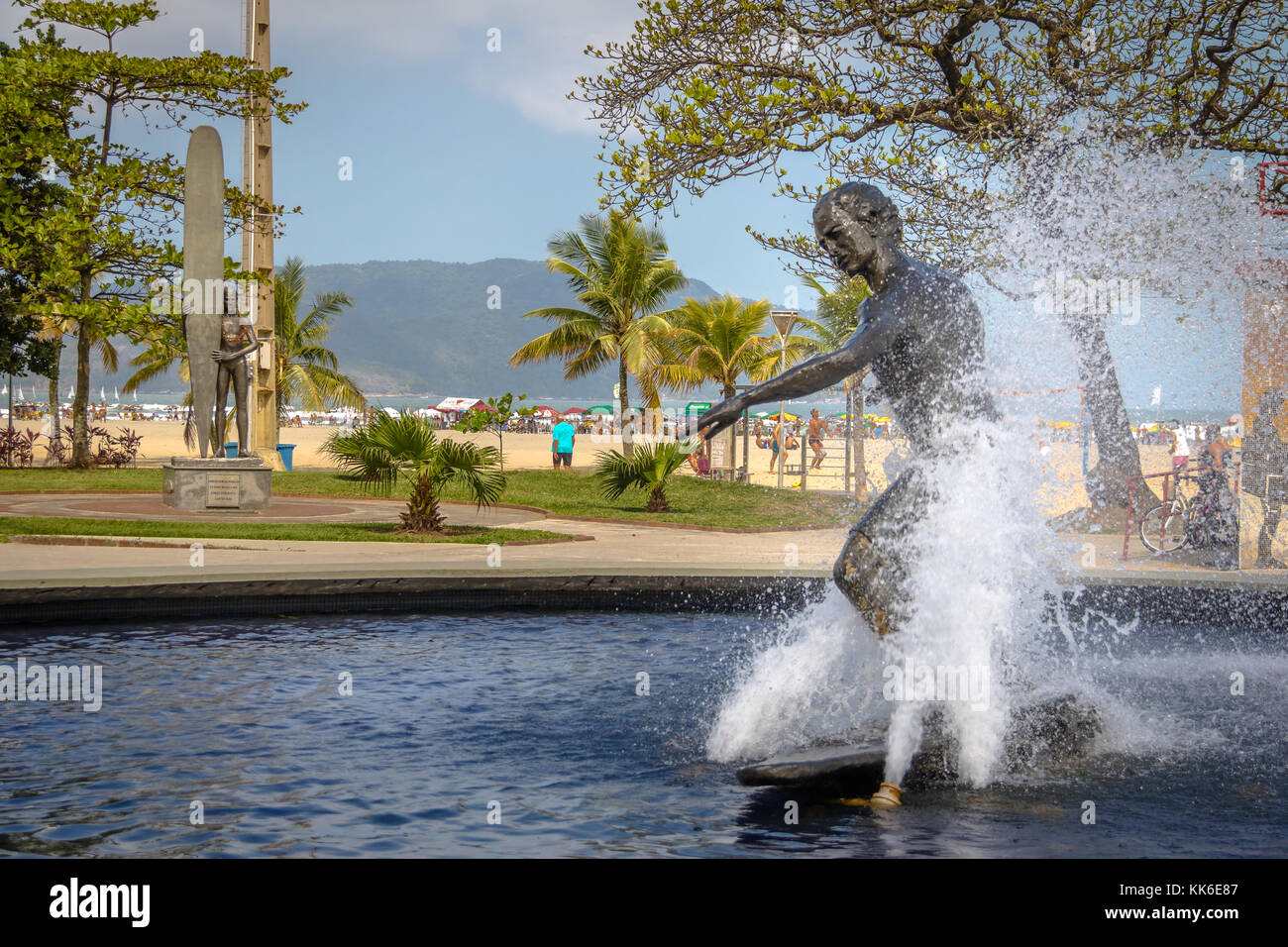 Surfer Monument at Coastal Garden of Santos Beach - Santos, Sao Paulo, Brazil Stock Photo