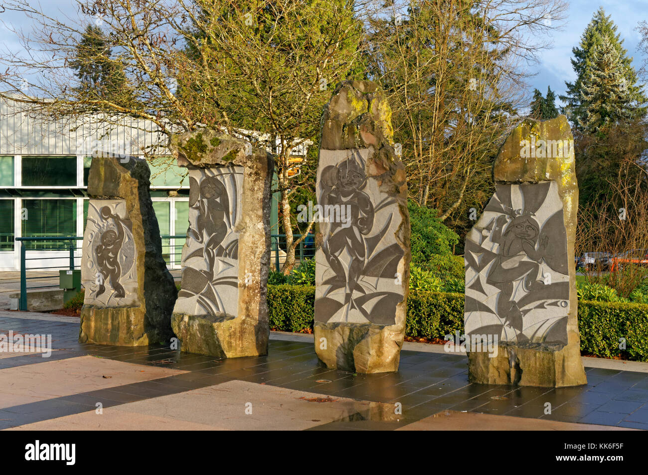 Contemporary First Nations stone sculptures by Thomas Cannell in Spirit Square, Jack Shadbolt