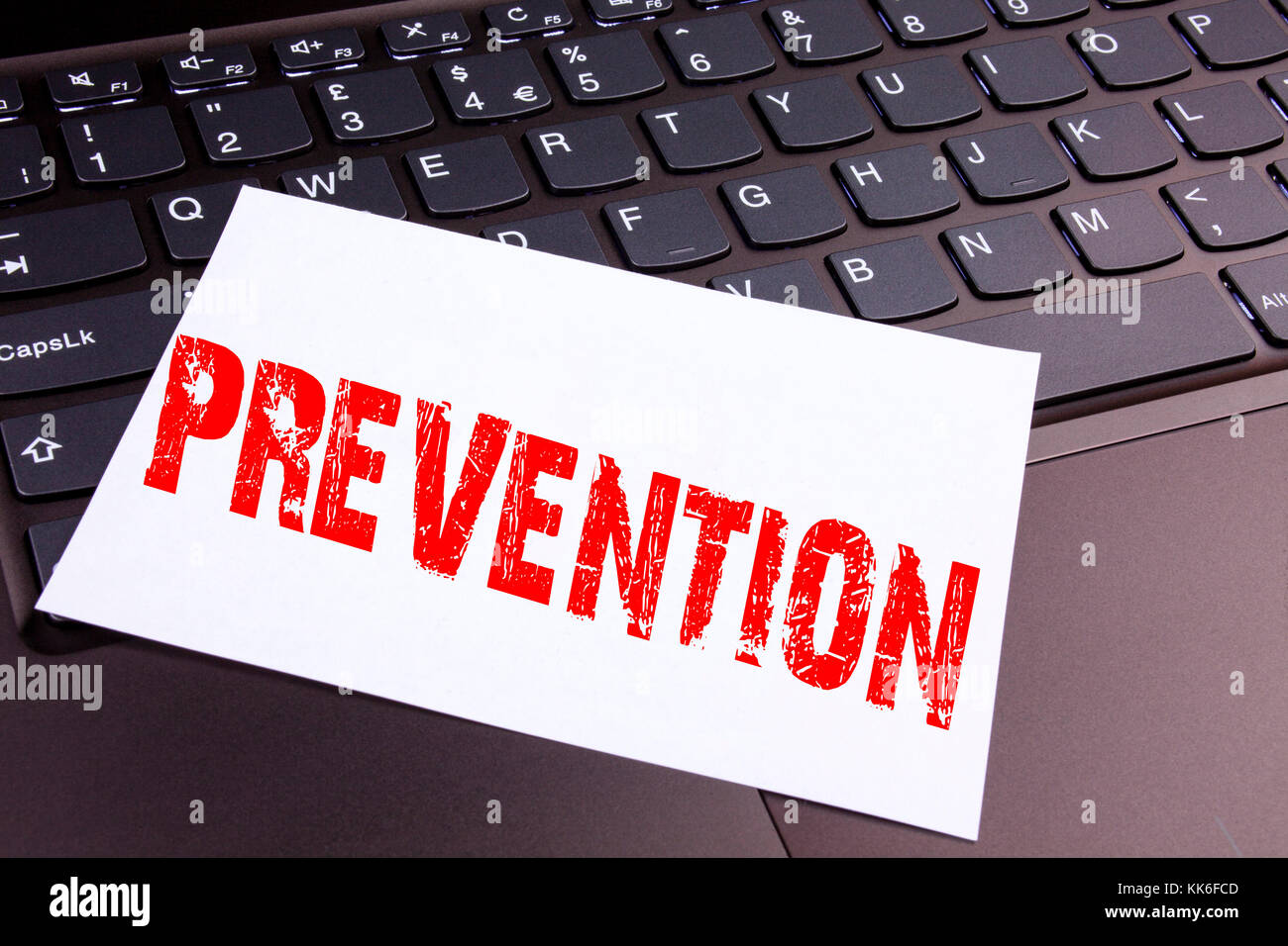 Prevent Text Writing Prevention text made in the office close-up on laptop computer ...