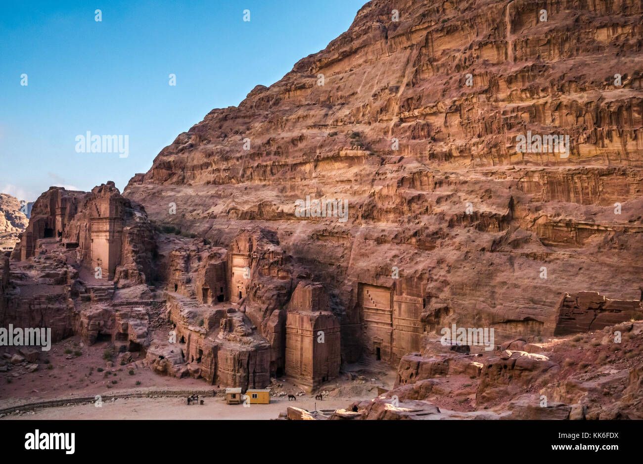 View looking down from above at High Place of Sacrifice to Nabataean sandstone Royal Tombs, Petra, Jordan, Middle East Stock Photo