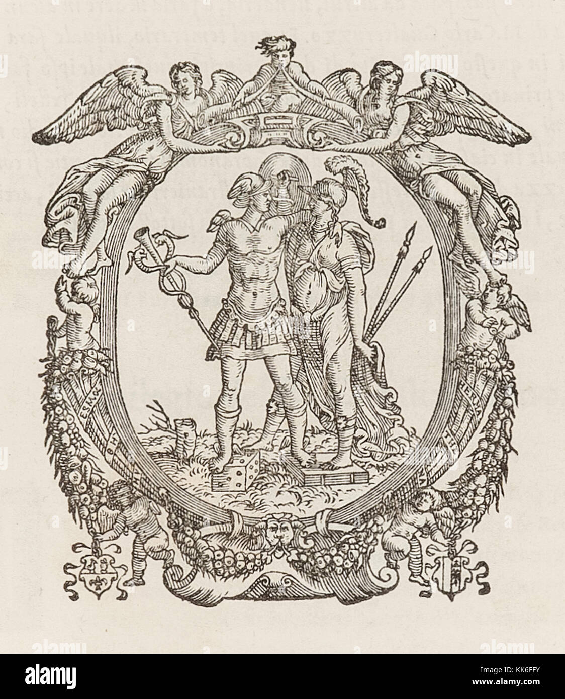 Printer’s device used by Gualtiro Scotto printers in Venice between 1550 to 1555. Hermes is shown holding the caduceus and stood on a die surrounded in an ornate frame of fruit, cherubs and angels. See more information below. Stock Photo