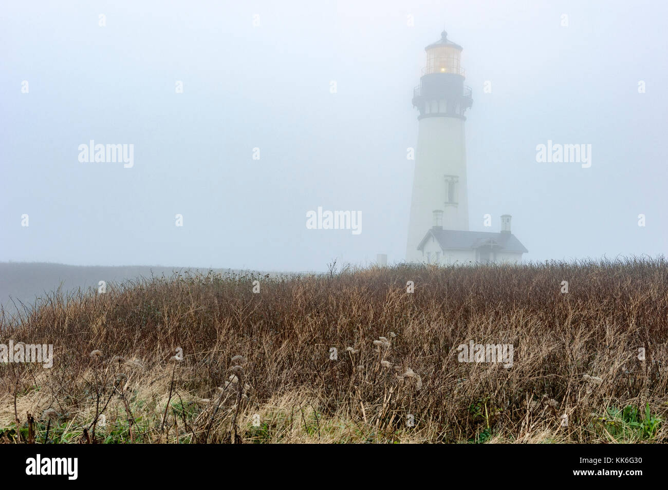 Yaquina Head Light, lighthouse on Oregon coast on a foggy day, Newport, Oregon, OR, USA. Stock Photo