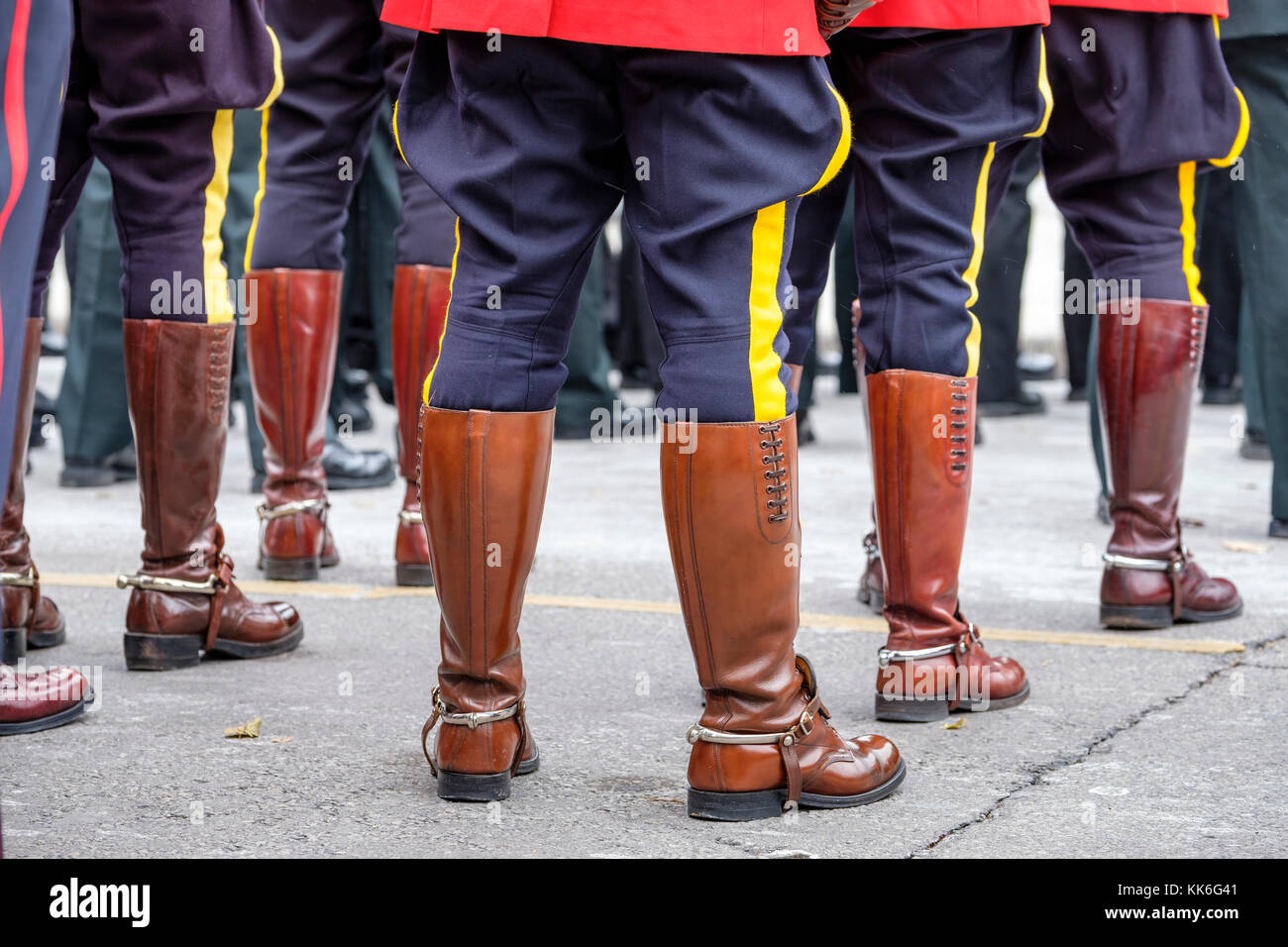 Close-up of mounties, Royal Canadian Mounted Police (RCMP) officer boots in line, Remembrance Day, London, Ontario, Canada. Stock Photo