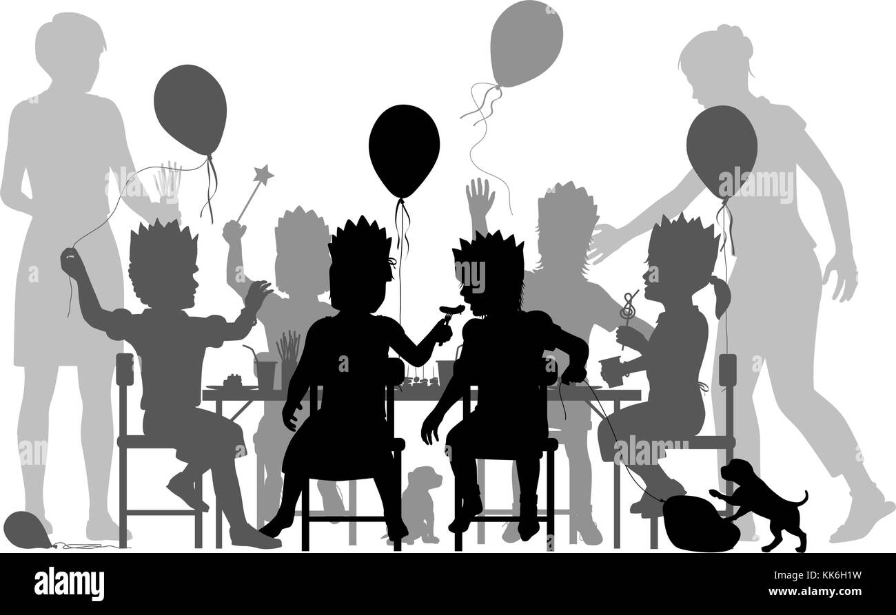 Editable vector silhouette of young girls having a house party with two mothers supervising Stock Vector