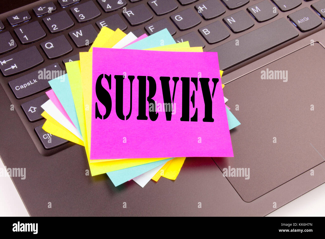 Writing Survey text made in the office close-up on laptop computer ...