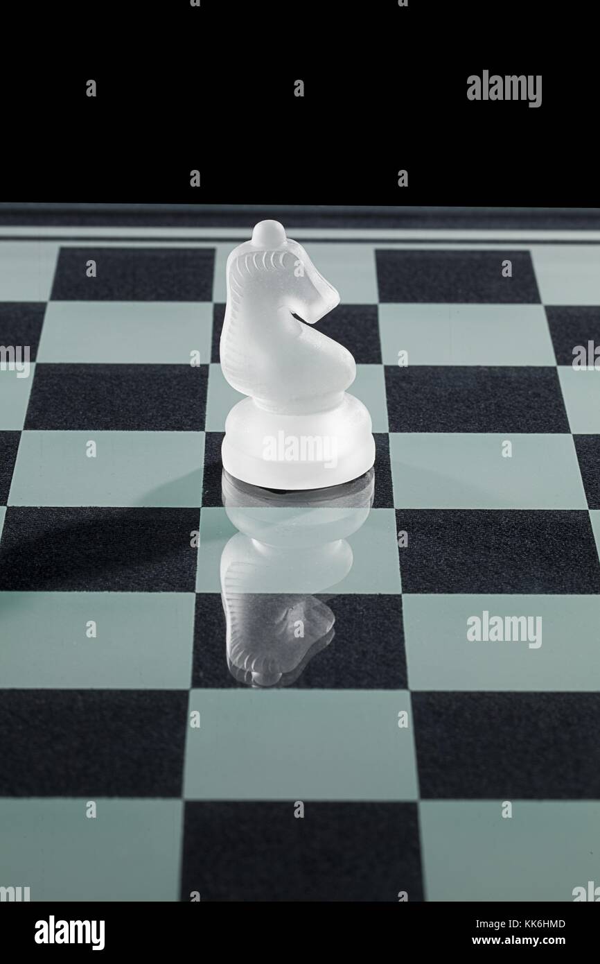 chess knight on chess board against black background Stock Photo