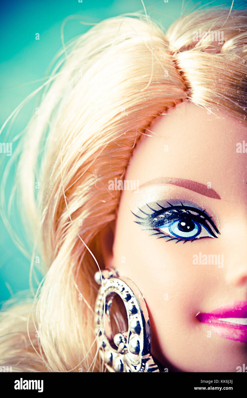 close up of a blonde Barbie face Stock Photo