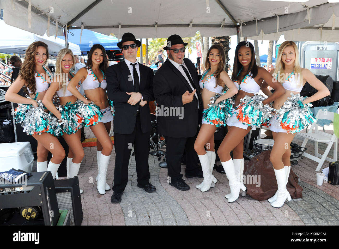FORT LAUDERDALE, FL - MAY 28: Andrew Copeland, Ken Block, and Ryan Newell of Sister Hazel perform at the Great American Beach Party on May 28, 2016 in Fort Lauderdale, Florida.    People:  Miami Dolphin Cheerleaders, Blues Brothers Stock Photo