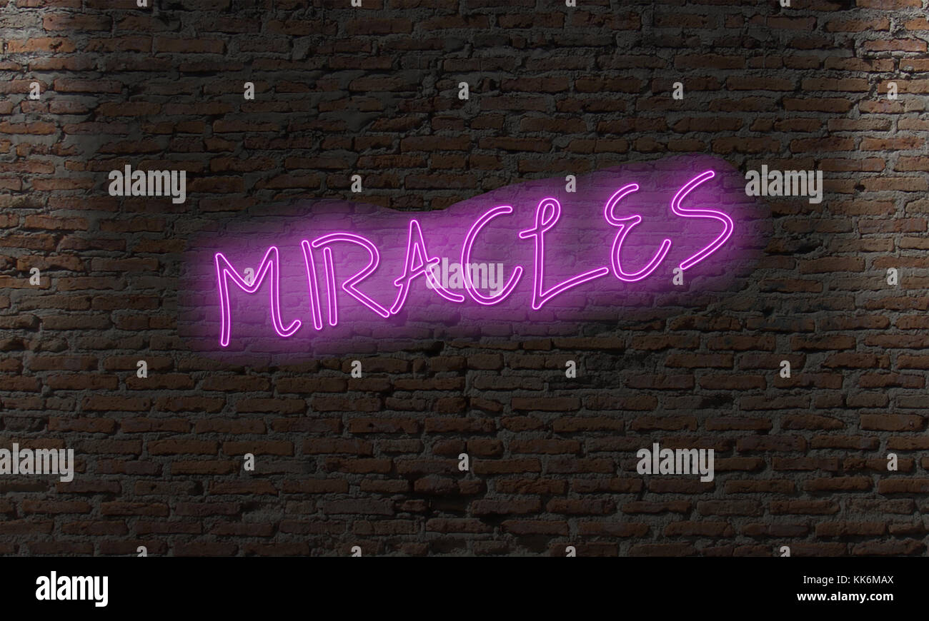 neon letter sign with the word miracles on a brick dark wall Stock ...