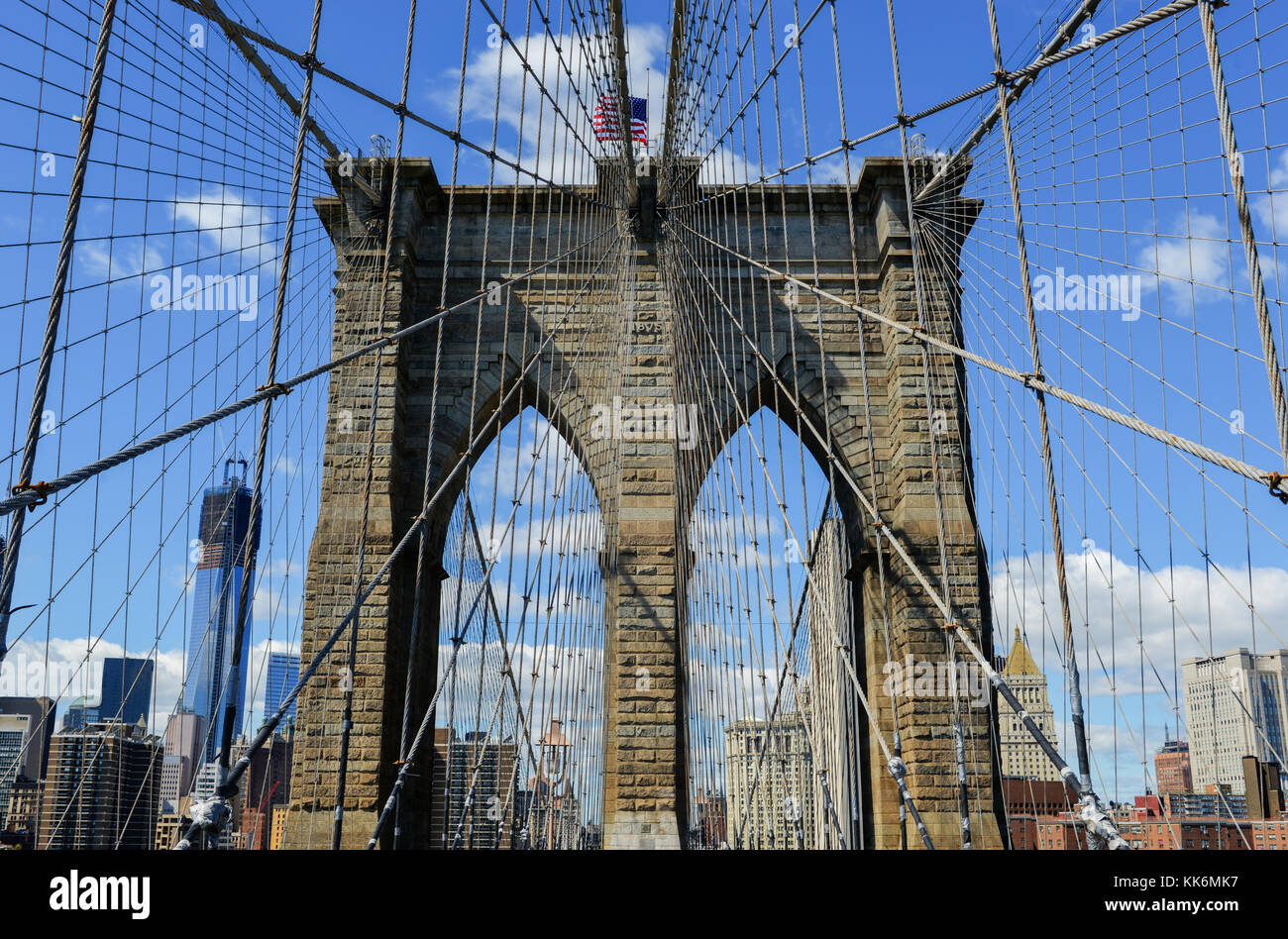 View of the New York City Skyline from the Brooklyn Bridge Stock Photo ...