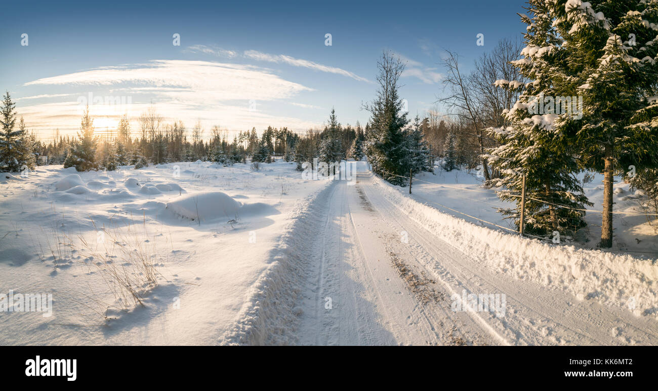 Snowy winter road in the countryside. Roslagen, Uppland, Sweden, Scaninavia. Stock Photo