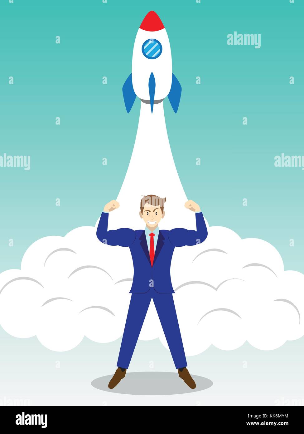 Business Concept As A Full-Energy Muscular Businessman Is Standing In Front Of Launching Rocket. It Means Strength Self Performance For Initiation. Stock Vector