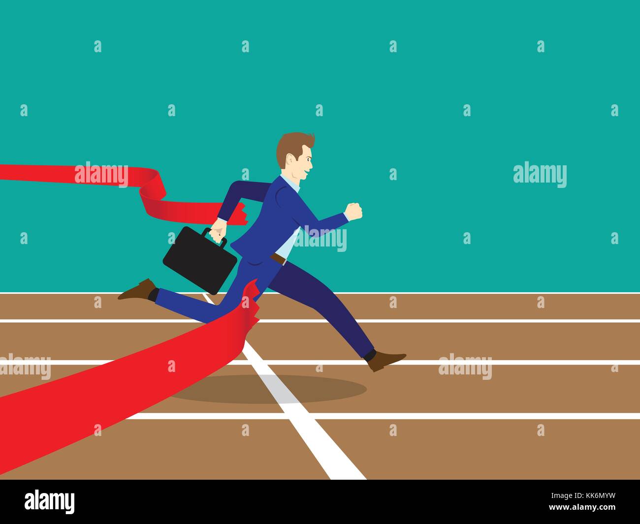 Business Concept As A Full-Energy Businessman Running On Track To Get Through Red Ribbon As Finish Line Means Performing The Best Effort To Succeed. Stock Vector
