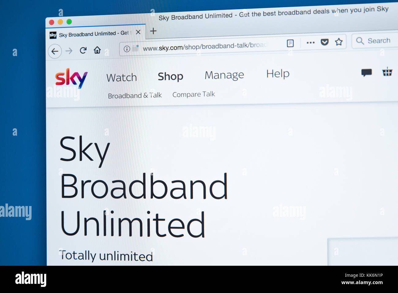 LONDON, UK NOVEMBER 22ND 2017 The webpage of Sky Broadband the